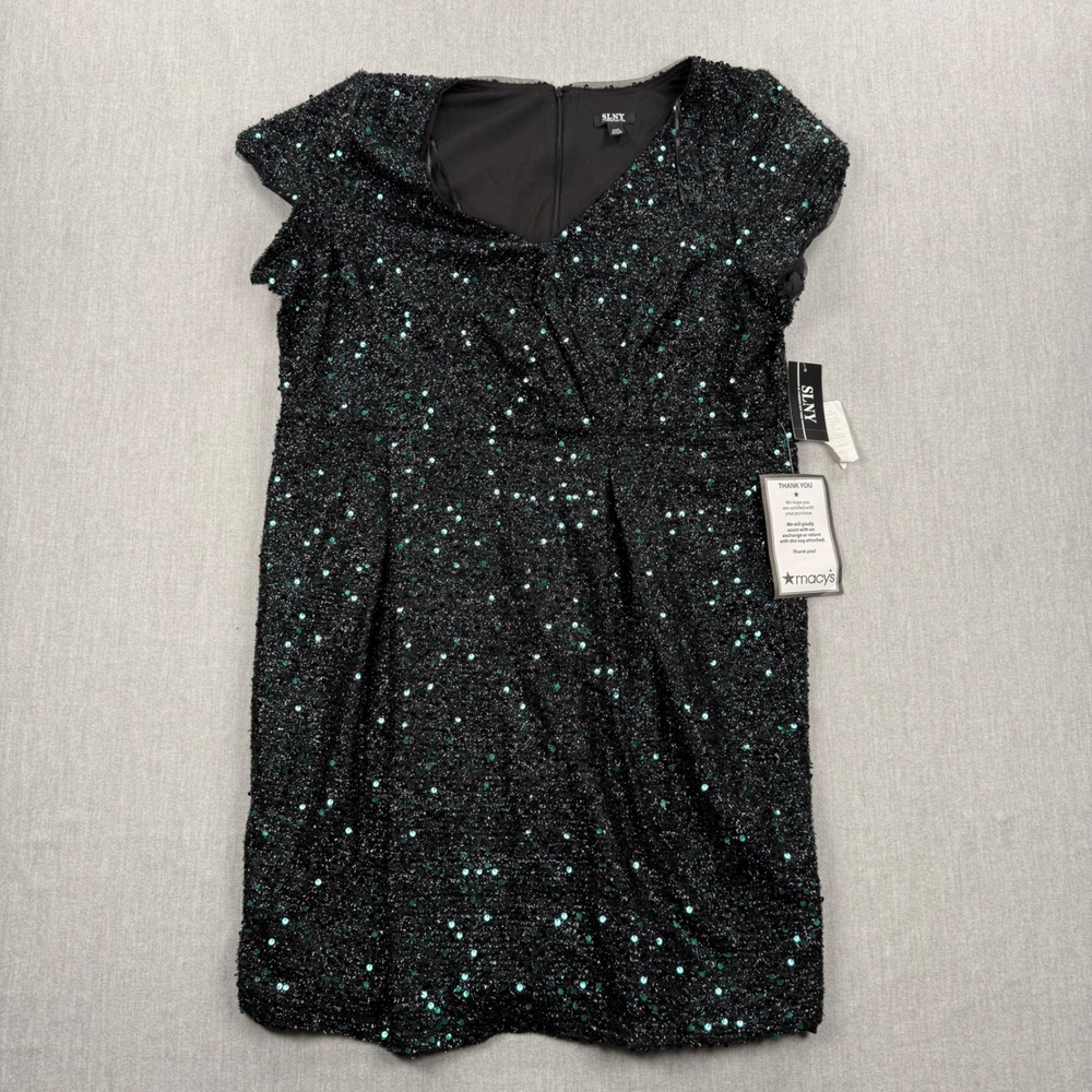 SLNY Women Green Sequin Tinsel V-Neck‎ Cap Sleeve Sheath Cocktail Dress 20W